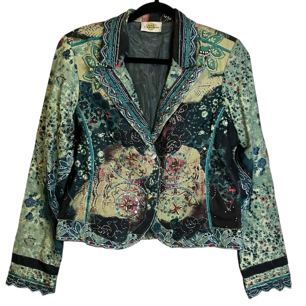 Sandy Starkman Art to Wear Embellished Patchwork Jacket Boho Festival Whimsy
